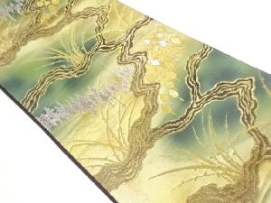 草葉に木々模様織出し袋帯